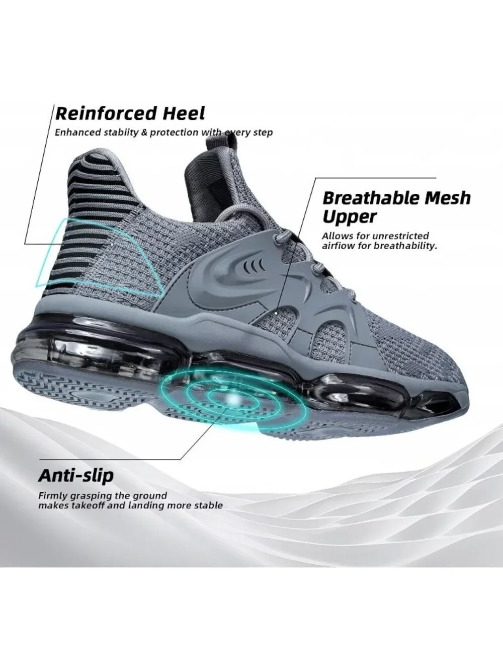 Men All Grey Air Cushion Walking Breathable Mesh Non Slip Comfort Casual Sneaker